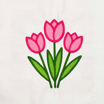Spring tulips machine embroidery design with pink flowers and green leaves, floral DST embroidery file