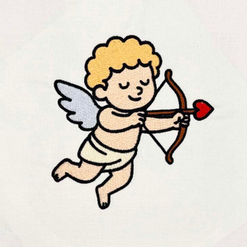 Cupid angel with bow and heart arrow machine embroidery design stitched on white fabric