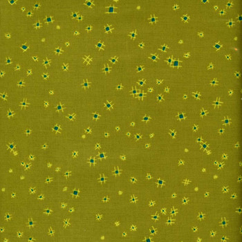 Punctuated Hashed Olive fabric with tiny green and yellow floral dots
