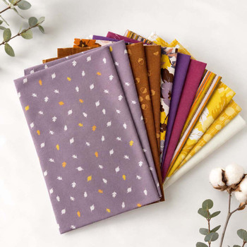 Autumn Amethyst Quilter's Muse fabric bundle in purple, plum, gold, and brown prints
