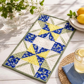 Lemon Blossom Quilter's Muse bundle shown as a blue, yellow, and green table runner
