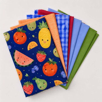 Tutti Frutti Quilter's Muse bundle in navy, fruit, plaid, blue, red, and green prints