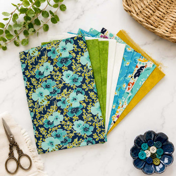 Sunshine Harbor Quilter's Muse bundle in blue, aqua, green, yellow, and floral prints