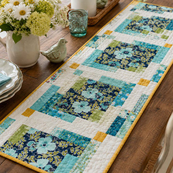 Sunshine Harbor bundle shown as a finished blue, aqua, green, and cream table runner
