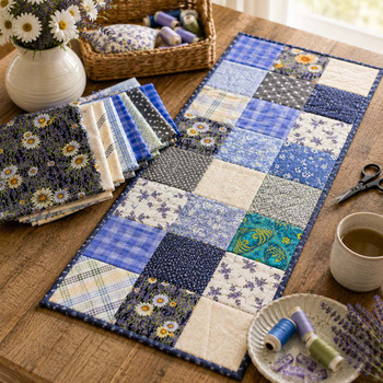 Cool Colors fabric bundle shown as a finished blue and gray patchwork table runner
