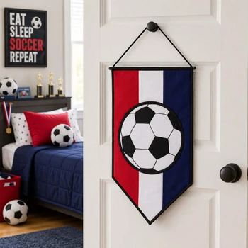 Red, white, and blue fabric bundle shown as a soccer pennant wall hanging