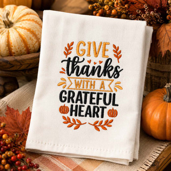 Give Thanks with a Grateful Heart embroidery on fall kitchen towel
