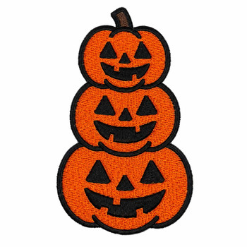 Three stacked jack-o-lantern embroidery pumpkins with smiling faces