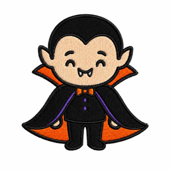 Cute Dracula embroidery with black cape, orange lining, and bow tie