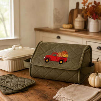 Fall pumpkin truck embroidery on olive quilted casserole carrier