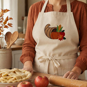 Apron with harvest cornucopia embroidery design in autumn kitchen setting