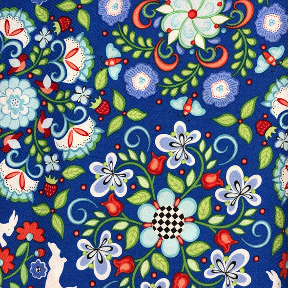 Benartex - Folk Art Fantasy - Floral & Bunnies Allover - Blue