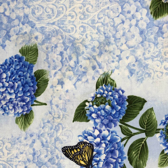 Benartex - Hydrangea Blue - Hydrangea Butterflies - Lt Blue | Sit n' Sew Fabrics By the Yard