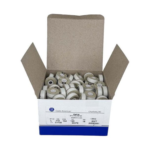 Coats - Astra Bobbins, Style L, Polyester product shown for scale and identification