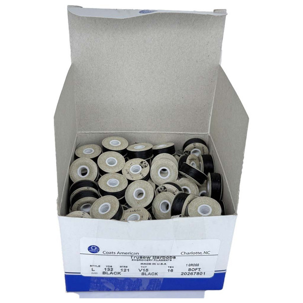 Coats - Style L, Polyester Bobbins (Black) product shown for scale and identification