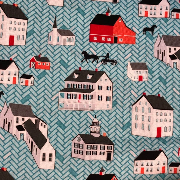 Turquoise Folk Art Fantasy Farmhouse/Horse/Buggy quilting fabric by Benartex