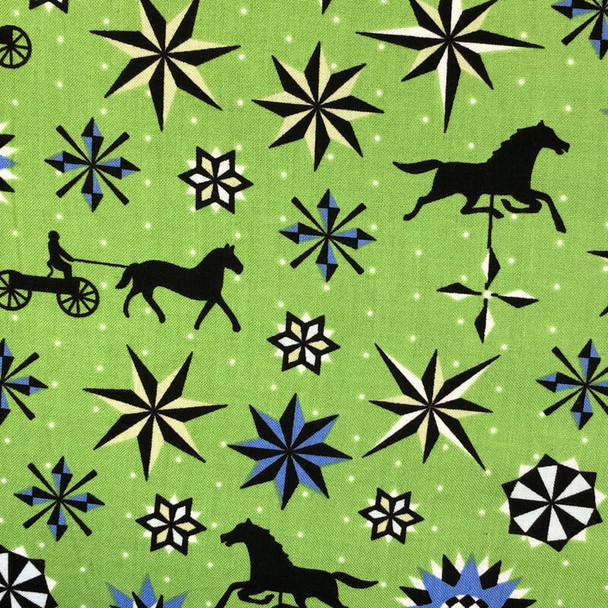 Benartex - Folk Art Fantasy - Quilt Stars & Horses - Green