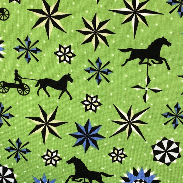 Green Folk Art Fantasy Quilt Stars & Horses quilting fabric by Benartex