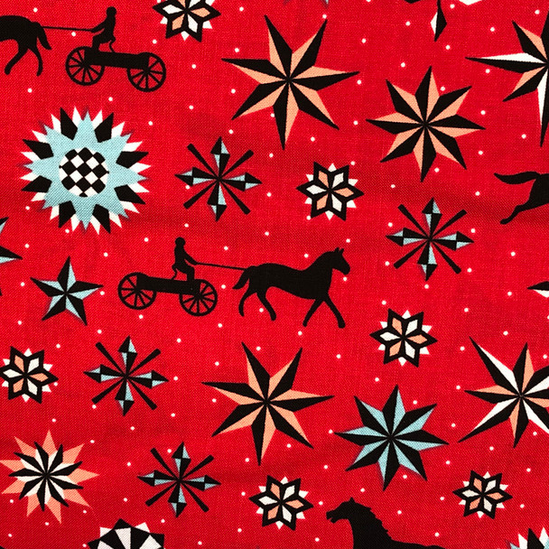 Red Folk Art Fantasy Quilt Stars & Horses quilting fabric by Benartex
