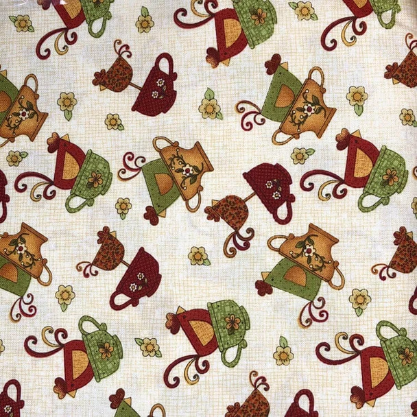Multi Chicks On The Run Chickens And Teacups Natural quilting fabric by Benartex