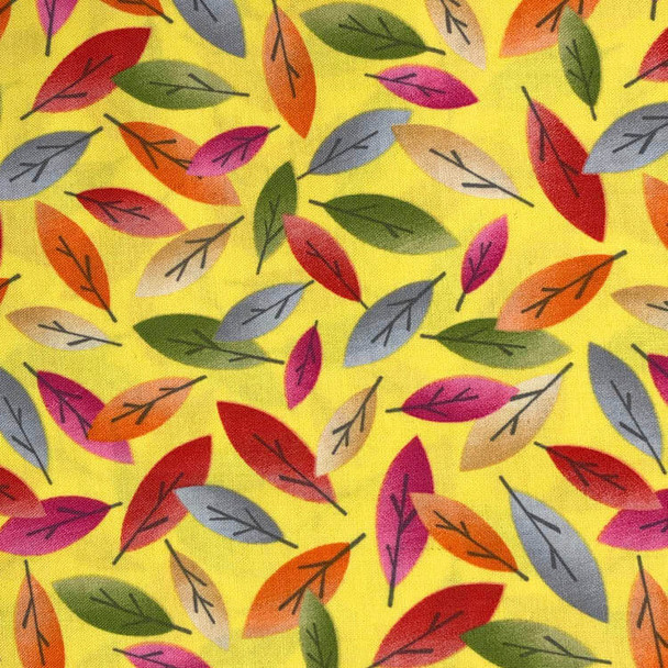 Multi Koala Baby Tossed Leaves Yellow quilting fabric by Benartex