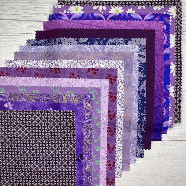 Stack of Purple 10-inch precut fabric squares