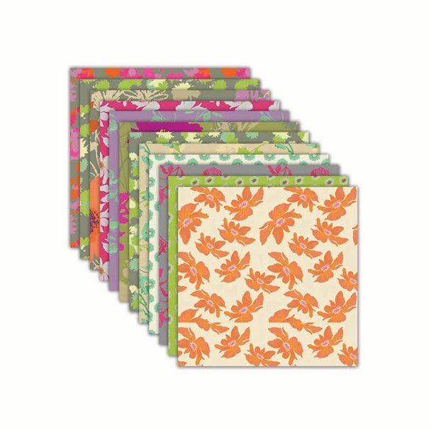 Stack of Everglades five-inch precut fabric squares