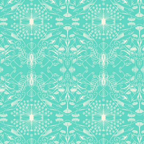 Aqua Pernilla's Eden Bird Box quilting fabric by RB Studios