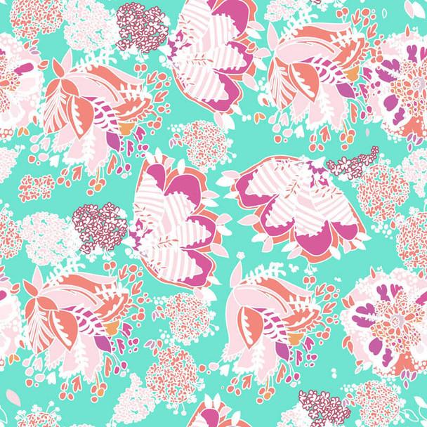 Aqua Pernilla's Eden Flower Bed quilting fabric by RB Studios