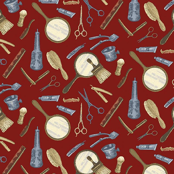 Red Barber Shop Tools of the Trade quilting fabric by Benartex