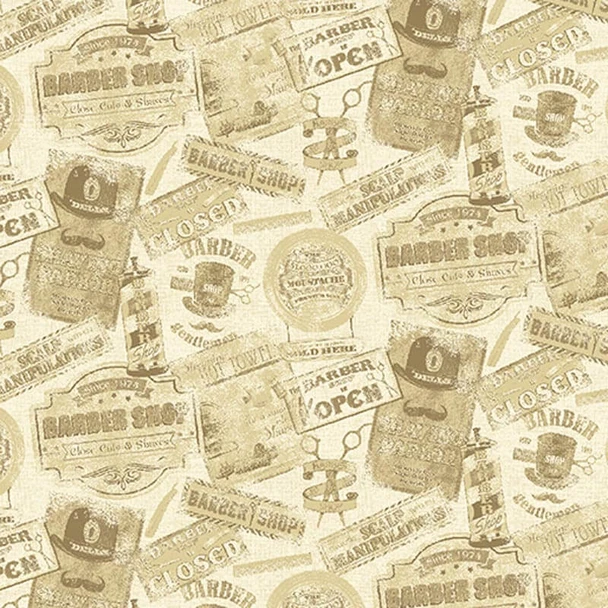 Cream Barber Shop Tonal Signs quilting fabric by Benartex