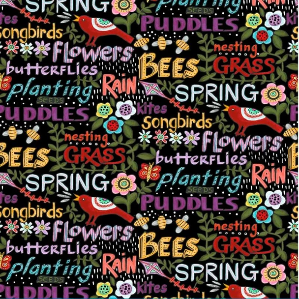 Black/Multi Folkscapes Words quilting fabric by Benartex