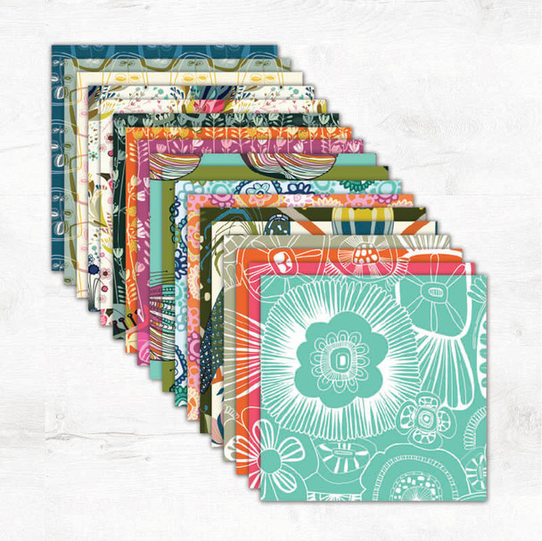 Stack of Exotic Splendour five-inch precut fabric squares