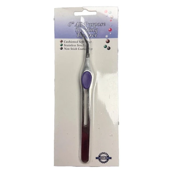 Packaged 6-inch bent tweezer with purple cushion handle