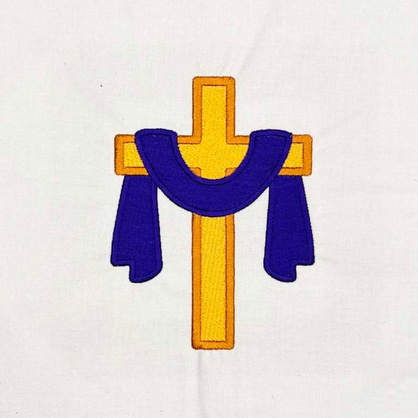 Cross with draped cloth machine embroidery design stitch out in gold and purple, Christian Easter religious DST embroidery file
