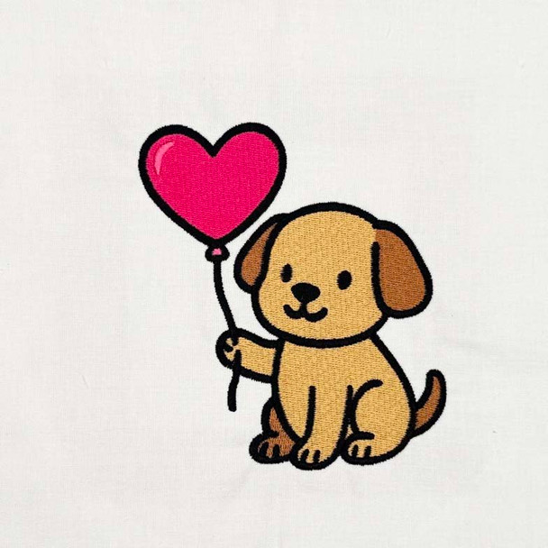 Cute puppy holding heart balloon machine embroidery design stitched in pink and tan on white fabric