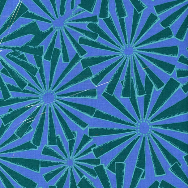 Punctuated Exclamation Dark Teal fabric with blue and green sunburst motifs