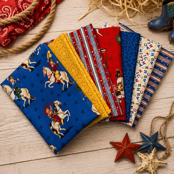 Playtime Quilter's Muse bundle in blue, red, yellow, and western novelty prints