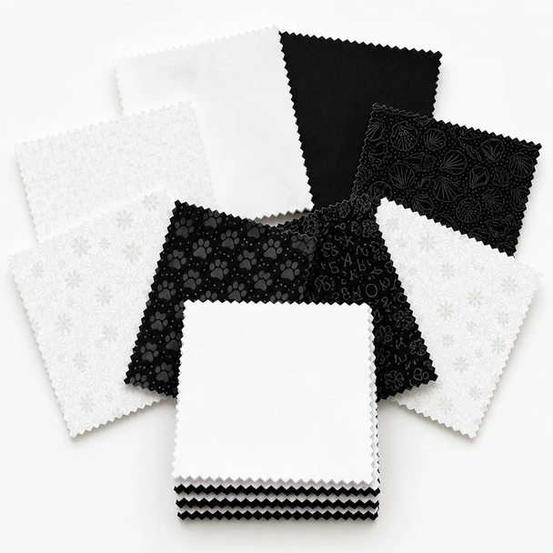 Black and white Color Story 5-inch fabric squares in assorted monochrome prints
