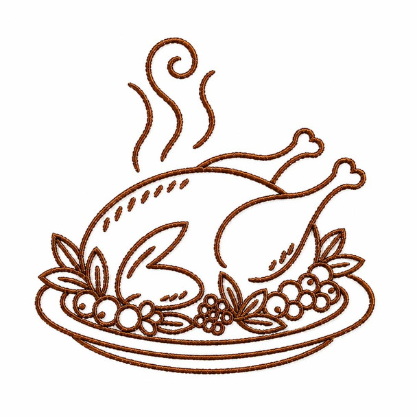 Cooked turkey outline embroidery on platter with steam and garnish