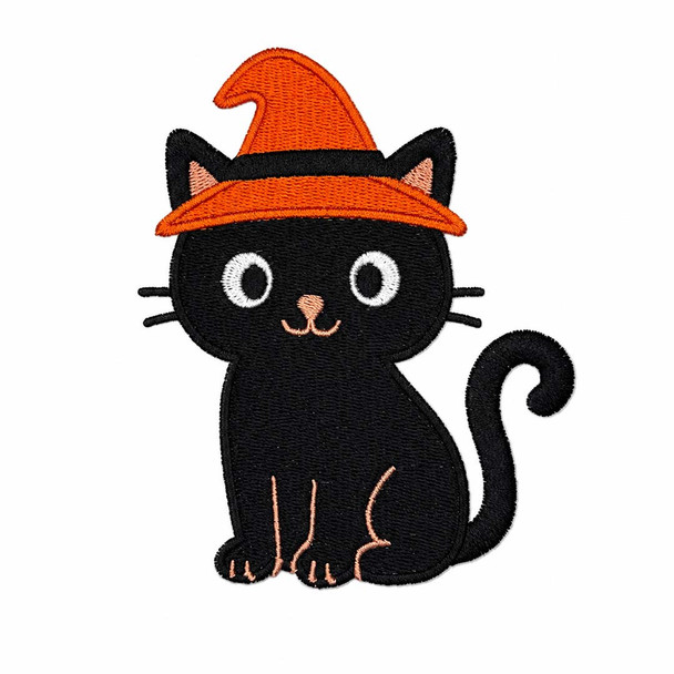 Black cat embroidery wearing an orange witch hat