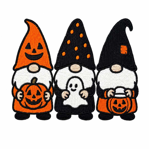 Three Halloween gnome embroidery characters holding pumpkin and ghost treats