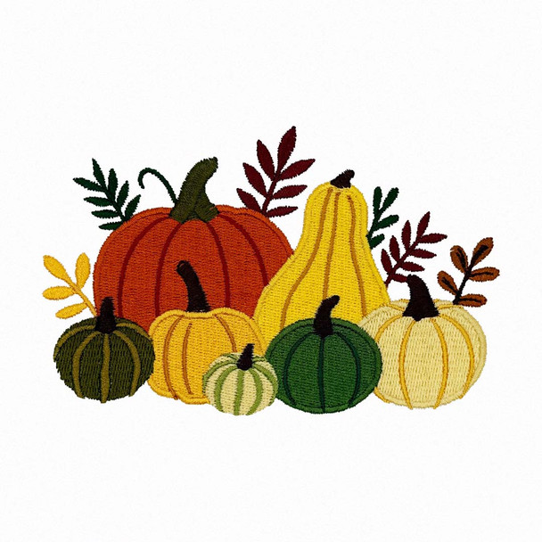 Fall pumpkin and gourd embroidery arrangement with colorful autumn foliage