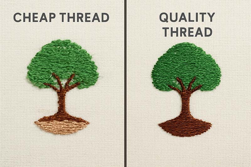 Side-by-side comparison of poor quality thread vs high quality machine embroidery thread stitch-out