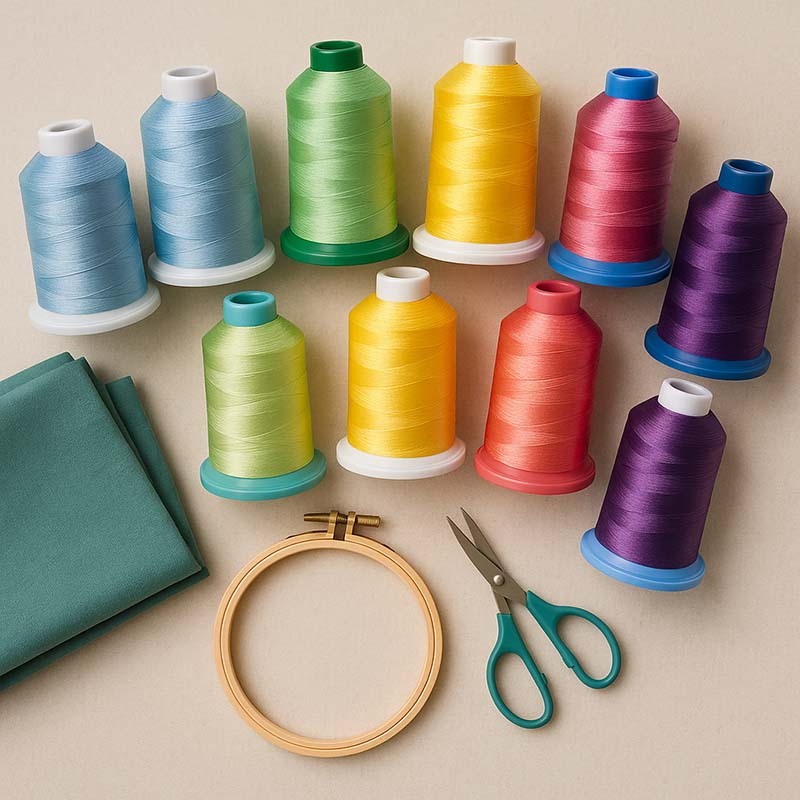 Colorful machine embroidery thread spools from Sit n' Sew Fabrics arranged on a table