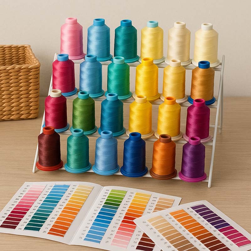Embroidery thread spools organized on a metal rack from Sit n' Sew Fabrics