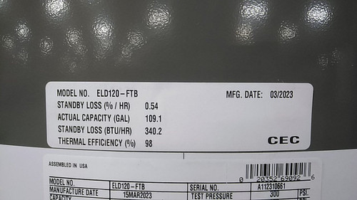 Rheem ELD120-FTB 208V Electric Water Heater: 208V AC, 120 gal, 12,100 W,  Single/Three Phase, 62.9 in Ht-90026537