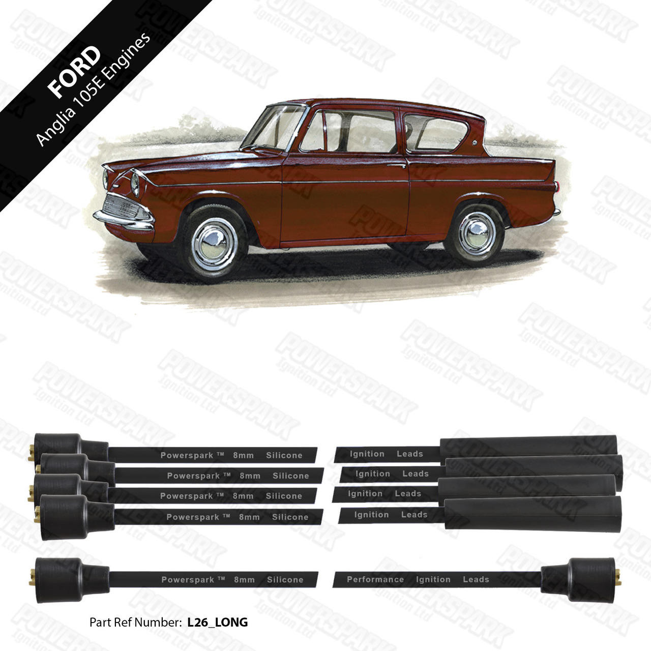Powerspark Ford Anglia 105e HT Leads 8mm Double Silicone