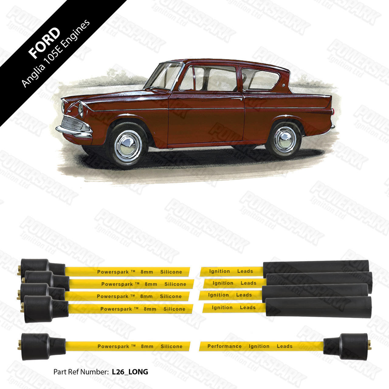 Powerspark Ford Anglia 105e HT Leads 8mm Double Silicone
