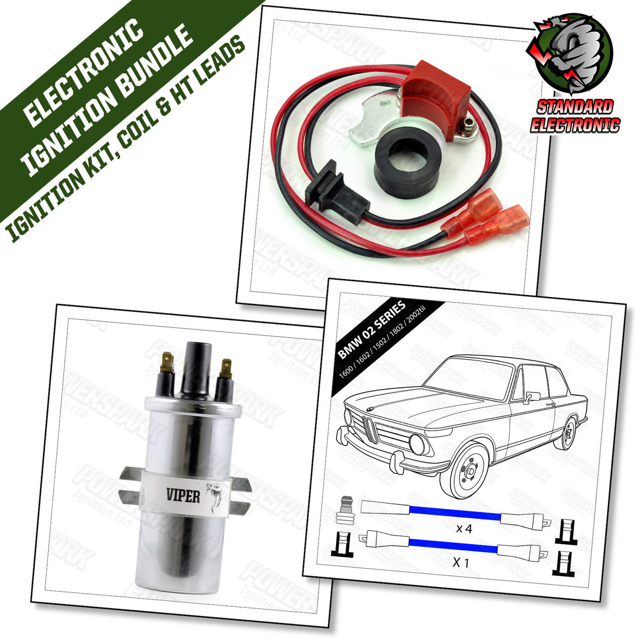 BMW 1502, 1600, 1602, 1802, 2002, 2002 tii Electronic Ignition Bundle Viper Coil, Ignition Kit, Blue HT Leads